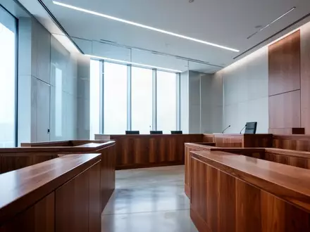Ein minimalistischer, leerer Gerichtssaal mit polierten Holzoberflächen und natürlichem Tageslicht. - Foto: über boerse-global.de