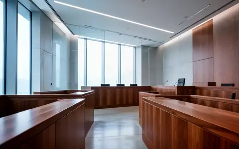 Ein minimalistischer, leerer Gerichtssaal mit polierten Holzoberflächen und natürlichem Tageslicht. - Foto: über boerse-global.de