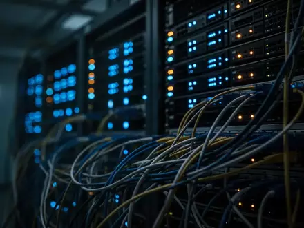 Dunkler Serverraum mit leuchtenden Netzwerkkabeln und Statuslichtern bei Nacht. - Foto: über boerse-global.de