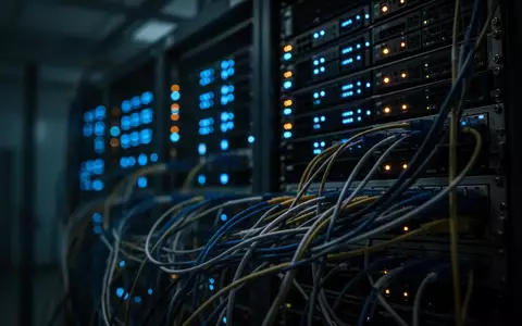 Dunkler Serverraum mit leuchtenden Netzwerkkabeln und Statuslichtern bei Nacht. - Foto: über boerse-global.de