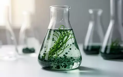 Nahaufnahme von grünen Mikroalgen in einem Laborgefäß vor unscharfem Hintergrund. - Foto: über boerse-global.de
