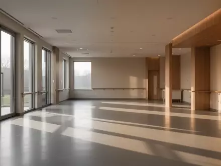 Heller, moderner Innenraum einer Rehabilitationsklinik mit natürlichem Lichteinfall und minimalistischem Design. - Foto: über boerse-global.de