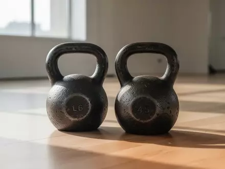 Zwei schwere Kettlebells aus Eisen auf einem hellen Holzboden in einem sonnendurchfluteten Trainingsraum. - Foto: über boerse-global.de
