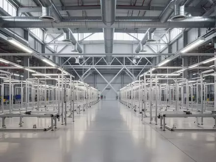 Eine moderne, leere Fertigungshalle in einem Automobilwerk mit polierten Betonböden und industrieller Architektur. - Foto: ĂŒber boerse-global.de