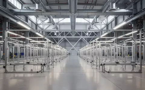 Eine moderne, leere Fertigungshalle in einem Automobilwerk mit polierten Betonböden und industrieller Architektur. - Foto: über boerse-global.de