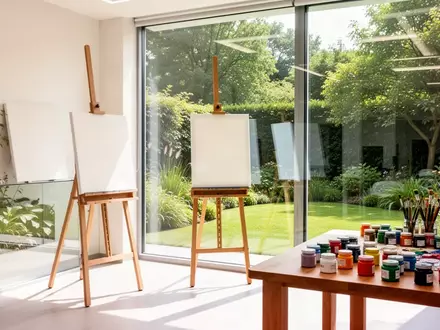 Ein heller, sonnendurchfluteter Raum in einer Pflegeeinrichtung mit einer leeren Staffelei und Malutensilien vor einem Gartenblick. - Foto: über boerse-global.de