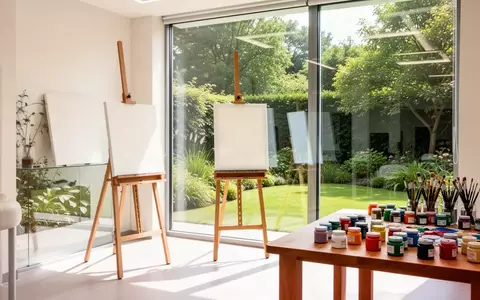 Ein heller, sonnendurchfluteter Raum in einer Pflegeeinrichtung mit einer leeren Staffelei und Malutensilien vor einem Gartenblick. - Foto: über boerse-global.de