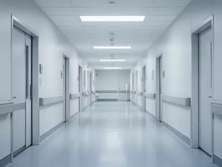 Ein steriler, menschenleerer Krankenhausflur mit einer minimalistischen Architektur und kühler Beleuchtung. - Foto: über boerse-global.de
