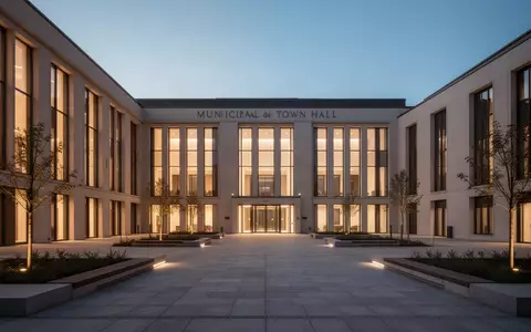 Ein moderner, ruhiger Rathaus-Innenhof bei Dämmerung mit klarer Architektur und dezenter Beleuchtung. - Foto: über boerse-global.de