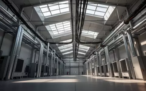 Moderne Industriehalle mit massiven Stromleitungen und Kühlrohren an der Decke. - Foto: über boerse-global.de