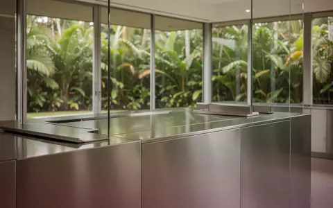Ein minimalistisch gestalteter Innenraum mit gebürsteten Aluminiumoberflächen und Blick auf tropische Vegetation. - Foto: über boerse-global.de
