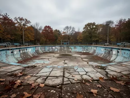 Ein verlassenes, sanierungsbedürftiges Freibad mit Rissen im Beckenbereich an einem bewölkten Tag. - Foto: über boerse-global.de