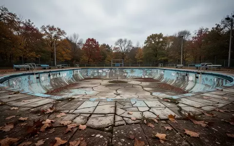 Ein verlassenes, sanierungsbedürftiges Freibad mit Rissen im Beckenbereich an einem bewölkten Tag. - Foto: über boerse-global.de