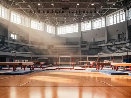 Eine leere Turnhalle mit poliertem Boden und Sportgeräten im weichen Licht vor einem anstehenden Wettkampf. - Foto: über boerse-global.de