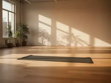 Ein minimalistischer, lichtdurchfluteter Trainingsraum mit einer einzelnen Yogamatte auf einem hellen Holzboden. - Foto: über boerse-global.de