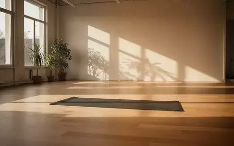 Ein minimalistischer, lichtdurchfluteter Trainingsraum mit einer einzelnen Yogamatte auf einem hellen Holzboden. - Foto: über boerse-global.de