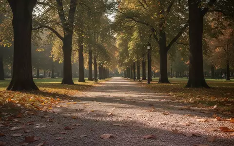 Ein sonniger Parkweg im Herbst mit Kiesboden und herabgefallenem Laub in einer ruhigen, natürlichen Umgebung. - Foto: über boerse-global.de