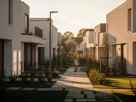 Moderne Wohnarchitektur in einer ruhigen Umgebung bei Sonnenuntergang. - Foto: über boerse-global.de