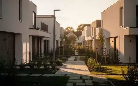 Moderne Wohnarchitektur in einer ruhigen Umgebung bei Sonnenuntergang. - Foto: über boerse-global.de