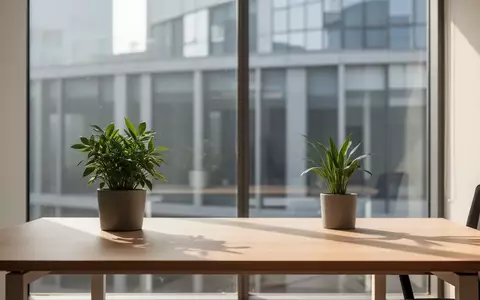 Ein minimalistischer, sonnendurchfluteter Büroarbeitsplatz mit einer einzelnen Pflanze und Blick auf eine moderne Fassade. - Foto: über boerse-global.de