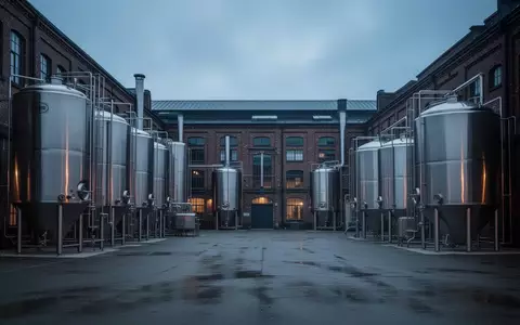 Leerer Innenhof einer großen Brauereianlage mit Edelstahltanks und Backsteingebäuden in der Dämmerung - Foto: über boerse-global.de