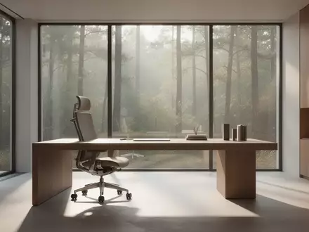 Ein minimalistisches, modernes Heimbüro mit einem Holztisch, einem ergonomischen Stuhl und einem Blick in den Wald. - Foto: über boerse-global.de
