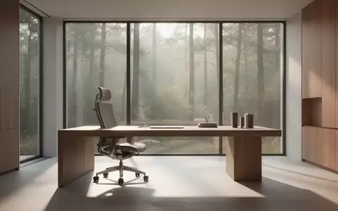 Ein minimalistisches, modernes Heimbüro mit einem Holztisch, einem ergonomischen Stuhl und einem Blick in den Wald. - Foto: über boerse-global.de