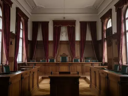 Ein leerer, traditioneller Gerichtssaal mit dunklen Holzvertäfelungen und hohen Fenstern in einem österreichischen Justizgebäude. - Foto: über boerse-global.de