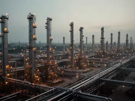 Industrielle Raffinerieanlage mit Rohrleitungen und Destillationstürmen im Dämmerlicht. - Foto: über boerse-global.de
