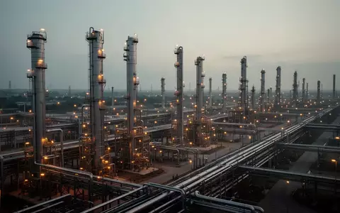 Industrielle Raffinerieanlage mit Rohrleitungen und Destillationstürmen im Dämmerlicht. - Foto: über boerse-global.de