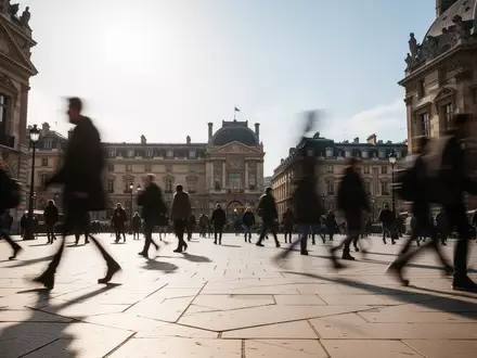 Ein belebter öffentlicher Platz in Paris bei hellem Tageslicht mit verschwommenen Silhouetten von Passanten. - Foto: über boerse-global.de