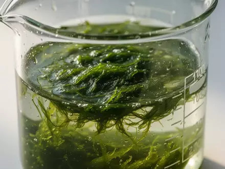 Nahaufnahme von Mikroalgen in einem Glasgefäß zur Veranschaulichung pflanzlicher Omega-3-Quellen. - Foto: über boerse-global.de