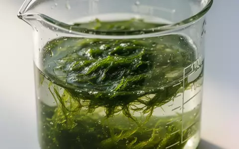 Nahaufnahme von Mikroalgen in einem Glasgefäß zur Veranschaulichung pflanzlicher Omega-3-Quellen. - Foto: über boerse-global.de