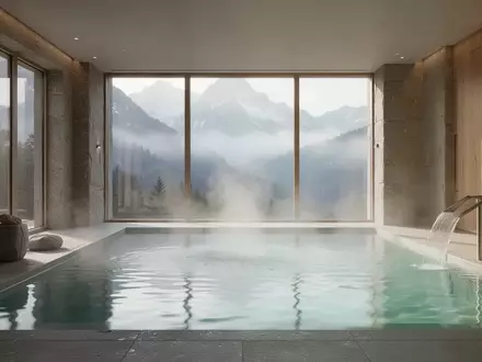 Ein ruhiger, minimalistischer Wellness-Bereich mit einem Thermalbecken und Blick auf eine neblige Berglandschaft. - Foto: über boerse-global.de