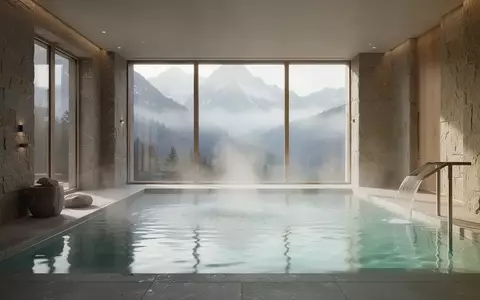 Ein ruhiger, minimalistischer Wellness-Bereich mit einem Thermalbecken und Blick auf eine neblige Berglandschaft. - Foto: über boerse-global.de
