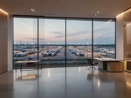 Modernes Büro mit Blick auf einen weitläufigen Industrie- und Logistikpark bei Dämmerung. - Foto: über boerse-global.de