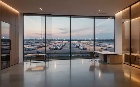 Modernes Büro mit Blick auf einen weitläufigen Industrie- und Logistikpark bei Dämmerung. - Foto: über boerse-global.de