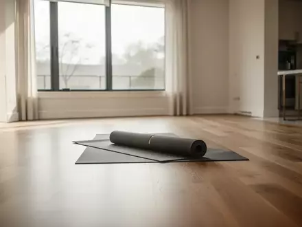 Eine ausgerollte Yogamatte auf einem hellen Holzboden in einem sonnendurchfluteten, minimalistischen Raum. - Foto: über boerse-global.de
