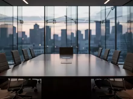 Ein leerer, modern eingerichteter Konferenzraum mit einem großen Holztisch und Blick auf eine nächtliche Stadt. - Foto: über boerse-global.de