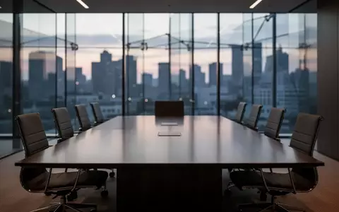 Ein leerer, modern eingerichteter Konferenzraum mit einem großen Holztisch und Blick auf eine nächtliche Stadt. - Foto: über boerse-global.de