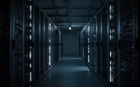 Dunkler, minimalistischer Serverraum mit bläulicher Beleuchtung und industrieller Architektur. - Foto: über boerse-global.de