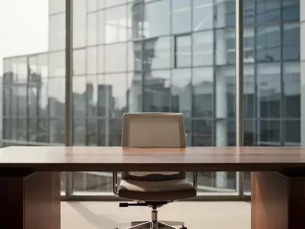 Ein minimalistisch gestalteter, leerer Büroarbeitsplatz mit einem Schreibtisch vor einer modernen Glasfassade. - Foto: über boerse-global.de