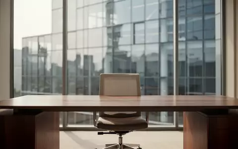 Ein minimalistisch gestalteter, leerer Büroarbeitsplatz mit einem Schreibtisch vor einer modernen Glasfassade. - Foto: über boerse-global.de