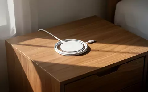 Ein weißes Induktionsladekabel liegt ordentlich auf einem hölzernen Nachttisch im weichen Morgenlicht. - Foto: über boerse-global.de