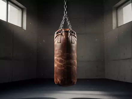 Ein schwerer Boxsack aus Leder hängt in einem leeren, schlichten Trainingsraum mit Betonwänden. - Foto: über boerse-global.de
