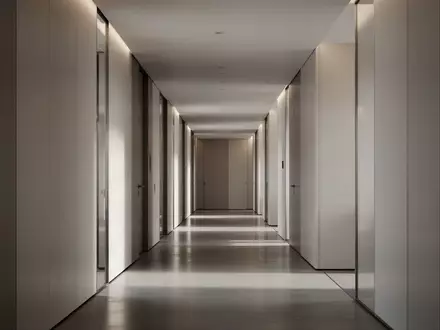 Ein minimalistischer, moderner Büroflur mit klaren architektonischen Linien und indirekter Beleuchtung ohne Personen. - Foto: über boerse-global.de