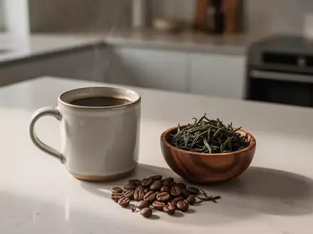 Eine Tasse schwarzer Kaffee neben einer Schale mit grünen Kaffeebohnen und Teeblättern auf einer Küchentheke. - Foto: über boerse-global.de