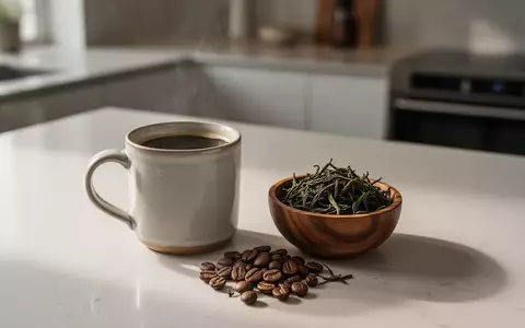 Eine Tasse schwarzer Kaffee neben einer Schale mit grünen Kaffeebohnen und Teeblättern auf einer Küchentheke. - Foto: über boerse-global.de