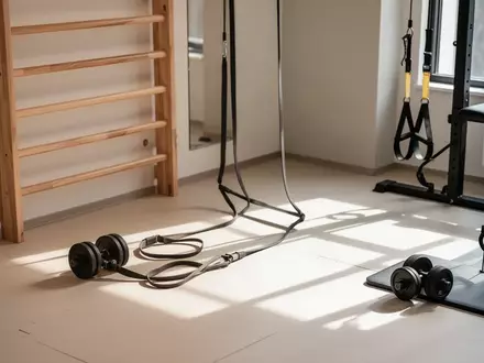 Ein minimalistischer Physiotherapieraum mit Trainingsgeräten wie einer Sprossenwand und Widerstandsbändern bei natürlichem Licht. - Foto: über boerse-global.de