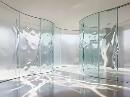 Minimalistische Innenarchitektur mit geschwungenen, lichtdurchlässigen Glaswänden und weichen Lichtreflexionen. - Foto: über boerse-global.de